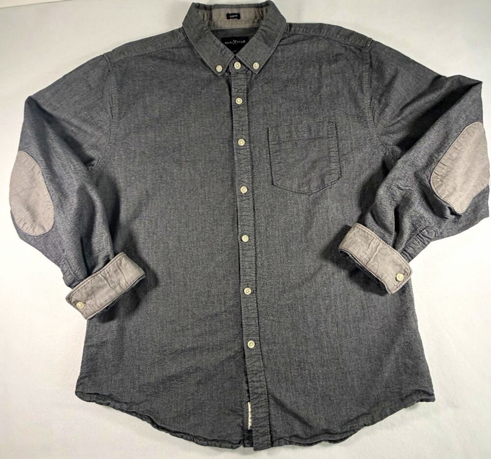 Marc Ecko Men’s XL Slim Fit Gray Button Down Shirt Elbow Patches Cotton